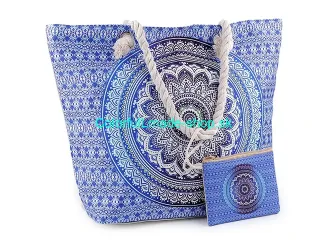 Letná / plážová taška mandala, Paisley s taštičkou 39x50 cm - modrá