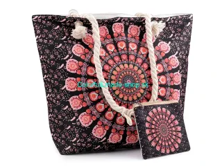 Letná / plážová taška mandala, Paisley s taštičkou 39x50 cm - červ-korálovo-čierna