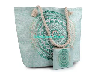 Letná / plážová taška mandala, Paisley s taštičkou 39x50 cm - zelená pastelová