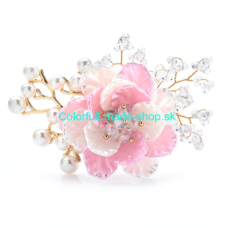 Brošňa kvet s perlami a kamienkami - bielo-ružová