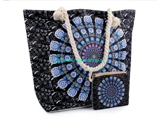 Letná / plážová taška mandala, Paisley s taštičkou 39x50 cm - čierna-modrá